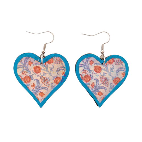 Wooden handmade heart earrings blue