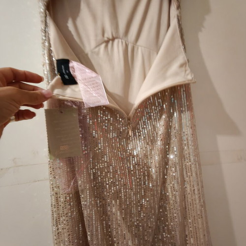BSB dress with rhinestones and side slit, beige, size 44