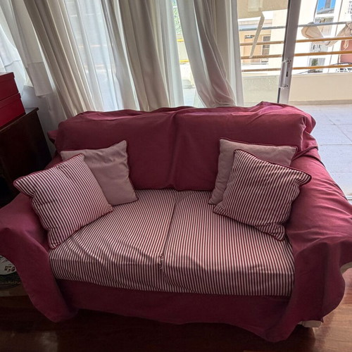 Living room set with beige three-seater and two-seater sofa, 2 stools