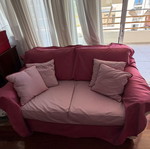 Living room set with beige three-seater and two-seater sofa, 2 stools
