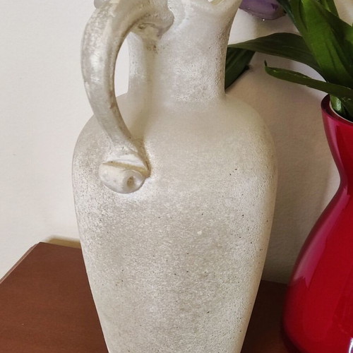 Glass frosted white pitcher with amphora design, like new