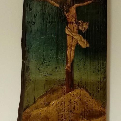 Painting of Crucifixion on aged wood like new