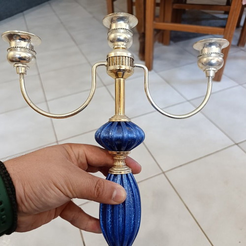 Vintage three-arm candlestick with blue detail