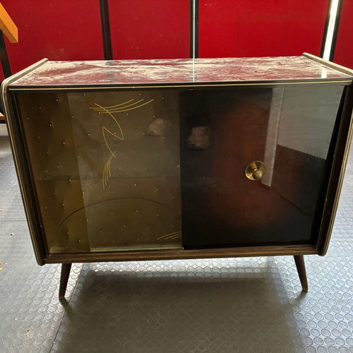Wooden bar and audio system display cabinet, 1960s