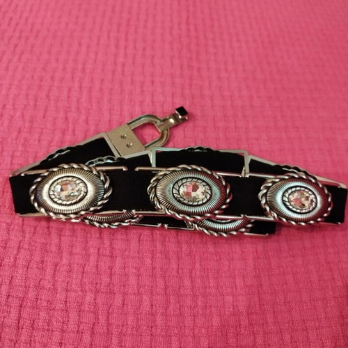 Elastic black belt with metal decorations and crystals, new