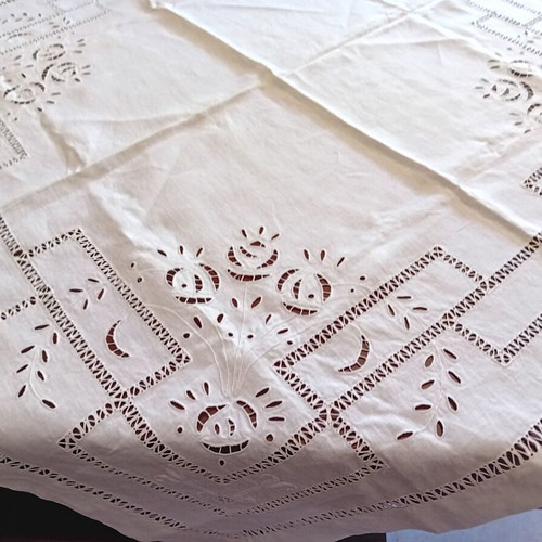 Handmade white large cutwork tablecloth 1x1 French linen