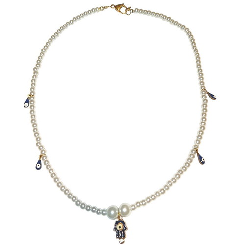Handmade Hamsa hand necklace with evil eyes and white pearls new