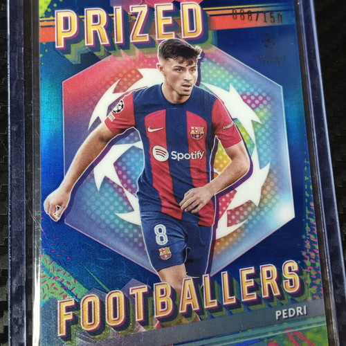 2023/24 Topps Finest UEFA Champions League Pedri Prized Footballers Blue Refractor card