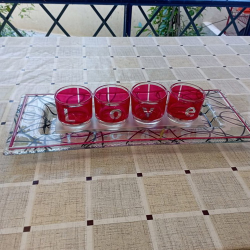 Table decor set with glass tray and 4 glass cups spelling LOVE