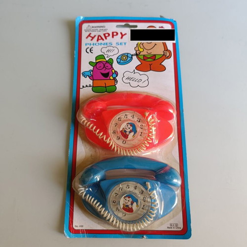 Happy Phone set, vintage double toy phones, blue and red
