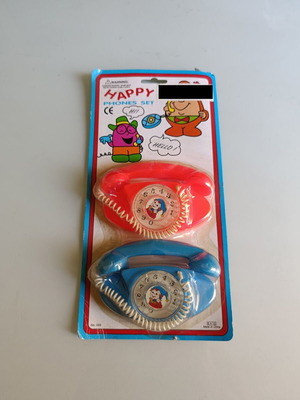 Happy Phone set, vintage double toy phones, blue and red