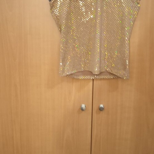 Blouse used, beige and gold with chain neck detail