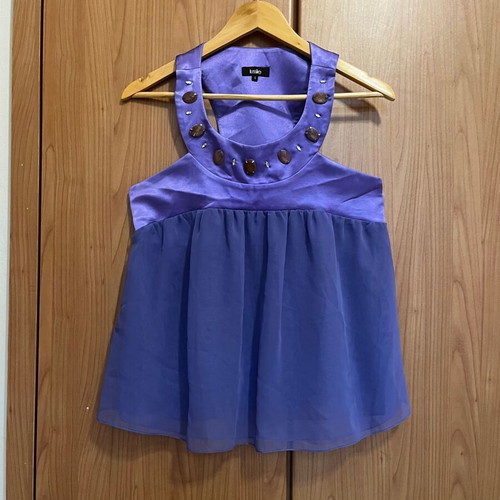 Lussile satin and chiffon top size S like new, purple with rhinestones