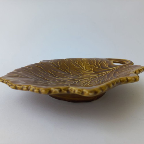 Ceramic serving platter old, leaf-shaped, used, olive green