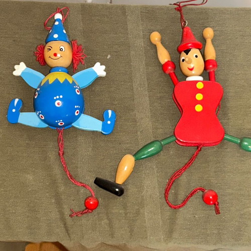 Set of 2 Wooden Articulated Wall Toys Pinocchio & Clown (Jumping Jacks, Italy)