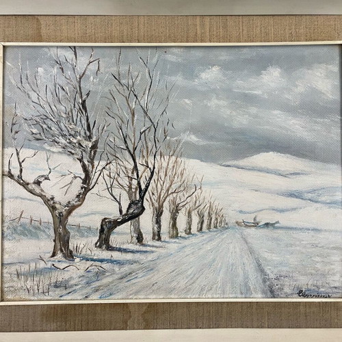 Oil painting used snowy landscape with frame and linen mat