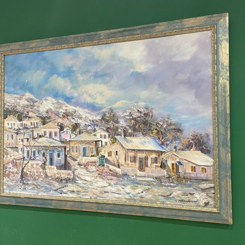 Relief oil painting by N. Papadopoulos in frame, like new, snowy landscape