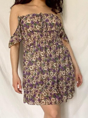 Fairy/boho floral mini dress like new, size S/M, beige and purple