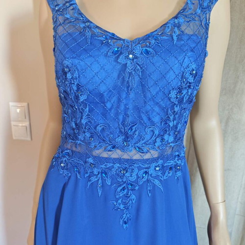 Long blue evening dress with embroidered lace bust and V back