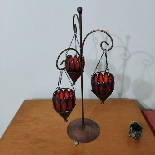 Copper candle holder for tealight table use like new with three hanging holders
