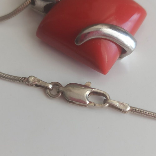 Silver 925 Necklace with Red Coral Pendant 50 cm like new
