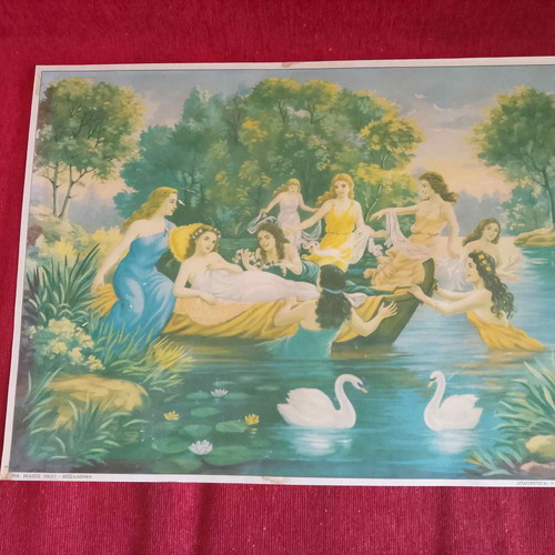 Chromolithograph poster 1950-60 with nymphs and swans like new