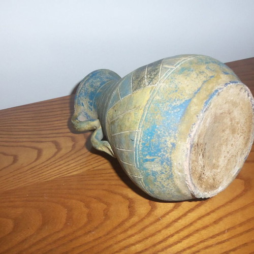 Ceramic decorative vase handmade water jug used, colorful geometric motifs