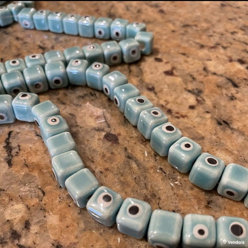 Enamelled ceramic cube-shaped evil eye beads, new, turquoise