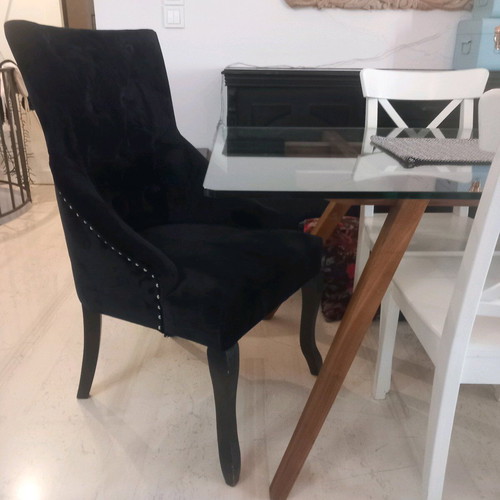 Velvet armchairs like new, one black and one beige with wooden legs