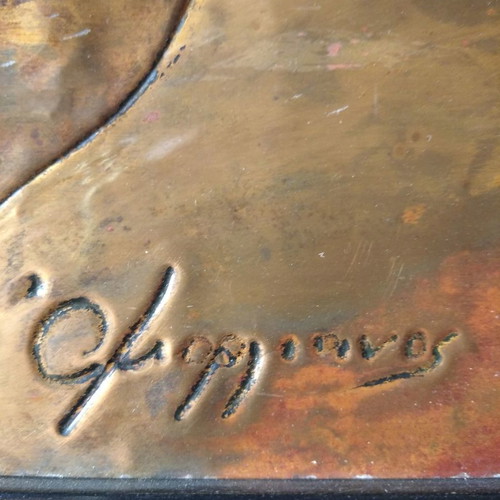 Copper painting signed by artist, two racehorses, like new