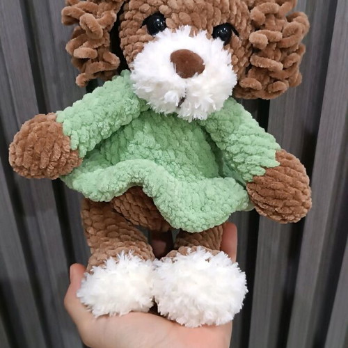 Handmade crocheted dog new with plush yarn and green dress