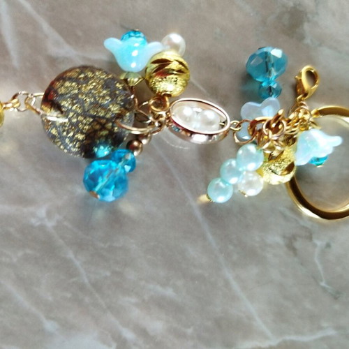 Keychain purse charm new with beads in blue and gold tones