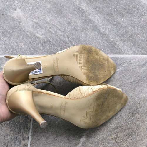 Gold sandals with ankle buckle, 9cm heel, like new