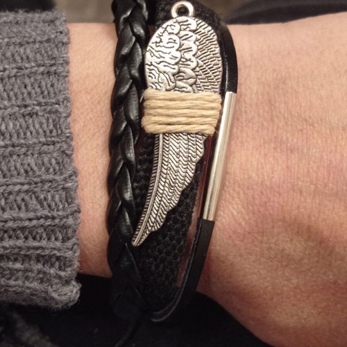 Men's handmade bracelet PU leather and stainless steel angel feather new