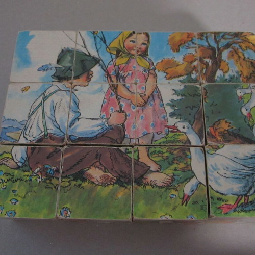 Vintage wooden cube puzzle used, 6 images by Marie Fischerova-Kvechova