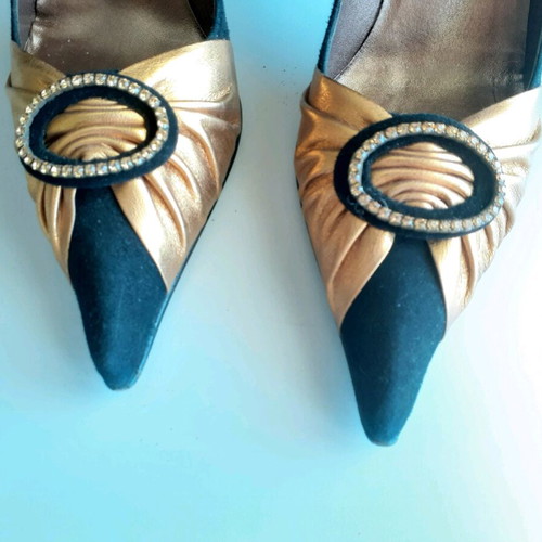 Women's shoes black suede and gold leather pumps like new