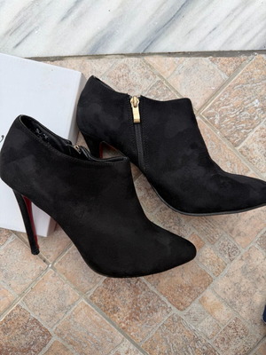 Black suede ankle boots with gold and red detail refurbished