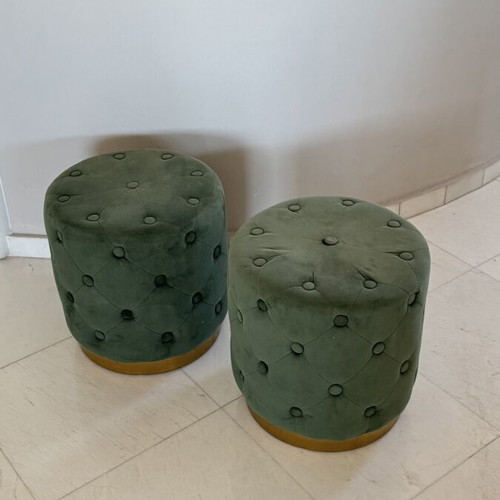 Green Velvet Ottoman Poufs, set of 2, gold base
