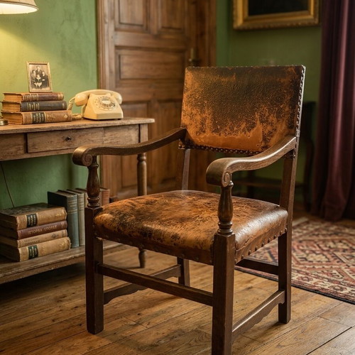 Prewar leather armchair used with patina, unique piece
