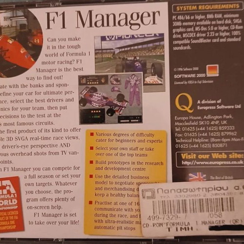 F1 Manager 96 CD simulation game used for DOS