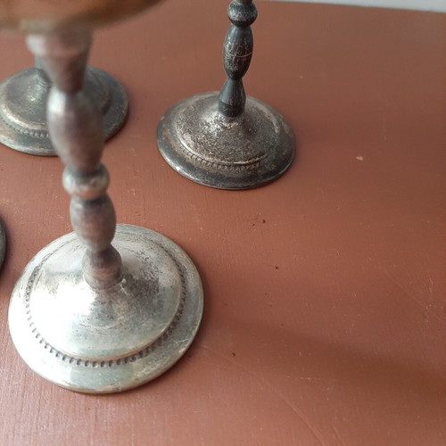 Old engraved liqueur glasses, set of 5, patina