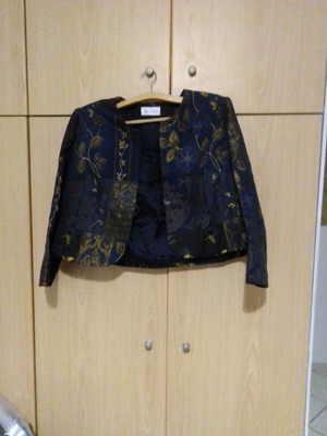 Vintage brocade cardigan used, size large, blue with embossed flowers