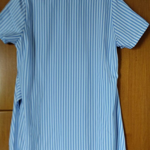 Summer dress with V-neck and long waist ties, blue and white stripes, size M