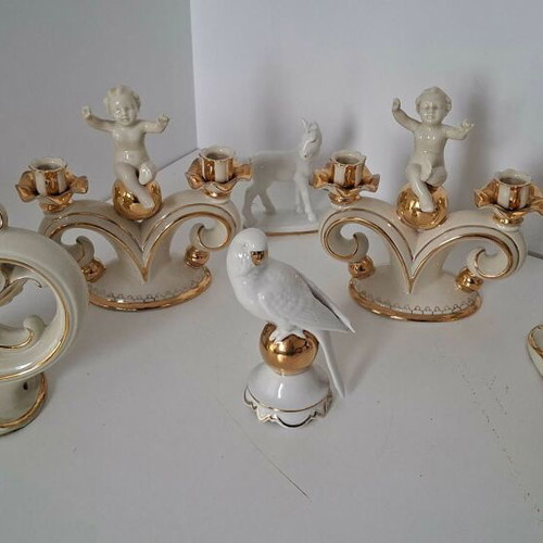 Bavaria Gerold & Co Tettau porcelain set with 2 candlesticks, 2 wall lamps and 2 decorations like new