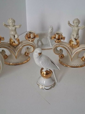 Bavaria Gerold & Co Tettau porcelain set with 2 candlesticks, 2 wall lamps and 2 decorations like new