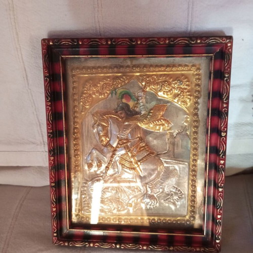 Old Saint George icon used, silver and gold 18x15 cm