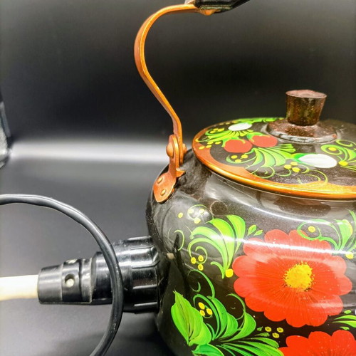 Russian kettle used, metal with bright patterns, 2 liters