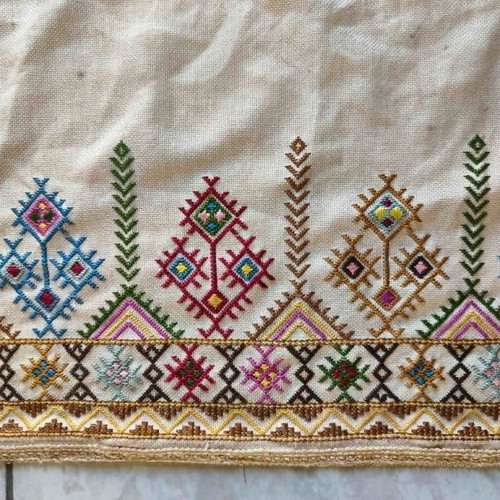 Folk Art Handmade Embroidered Fabric with Geometric Patterns used, 1m x 36cm