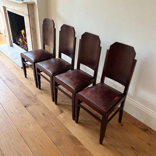 Set of 4 vintage solid wood dining chairs with original burgundy leather seats, Art Deco style