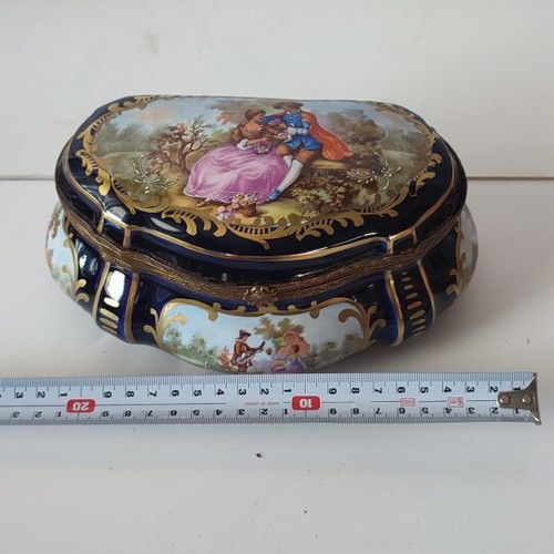 Sèvres Style Porcelain Jewelry Casket, Cobalt Blue with Gold